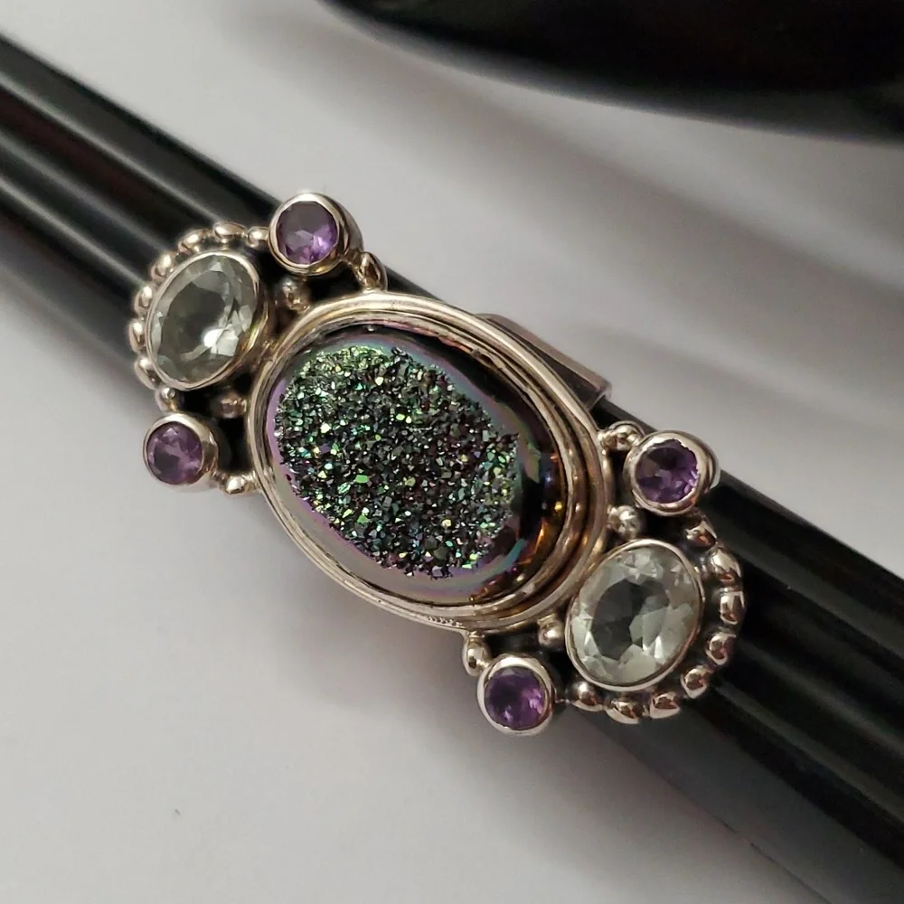 Signed Sterling Silver 925 Druzy Amethyst Topaz Statement Ring